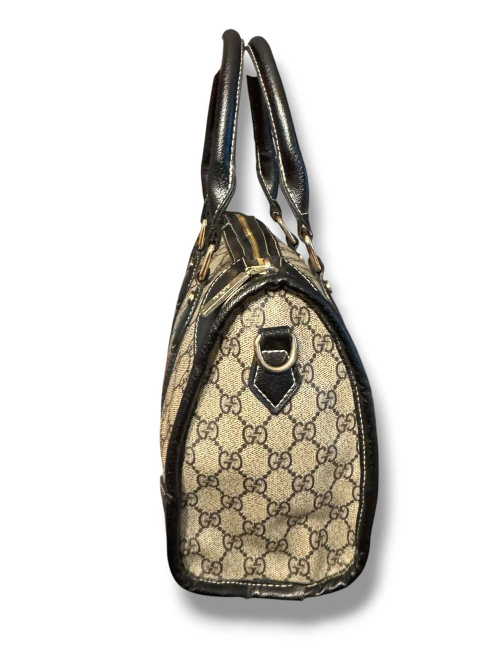 GG Monogram Boston Style Bag Web Stripe Cat Head Black Satchel Handbag - Picture 3 of 13